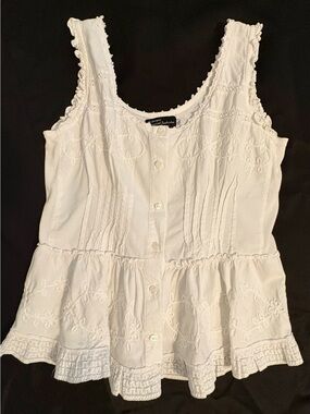 G DESIGNS, 100% Cotton White Embroidered & Ruffled Sleeveless Top with Peplum